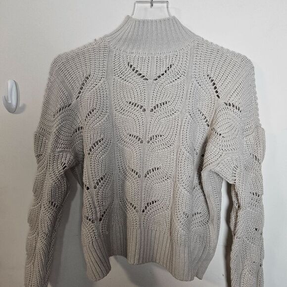 Pink Rose Cropped Crochet Open Pattern Cable Knit Long Sweater Women's Tan/Gray - Picture 2 of 4